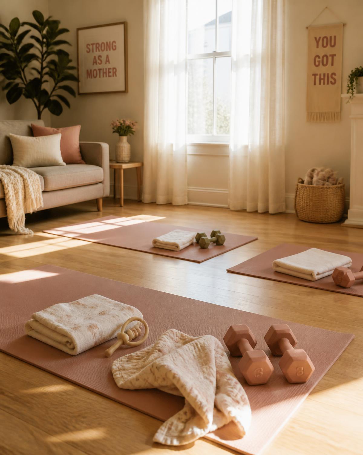 Mats, towels, and light weights set out for a mommy and me class