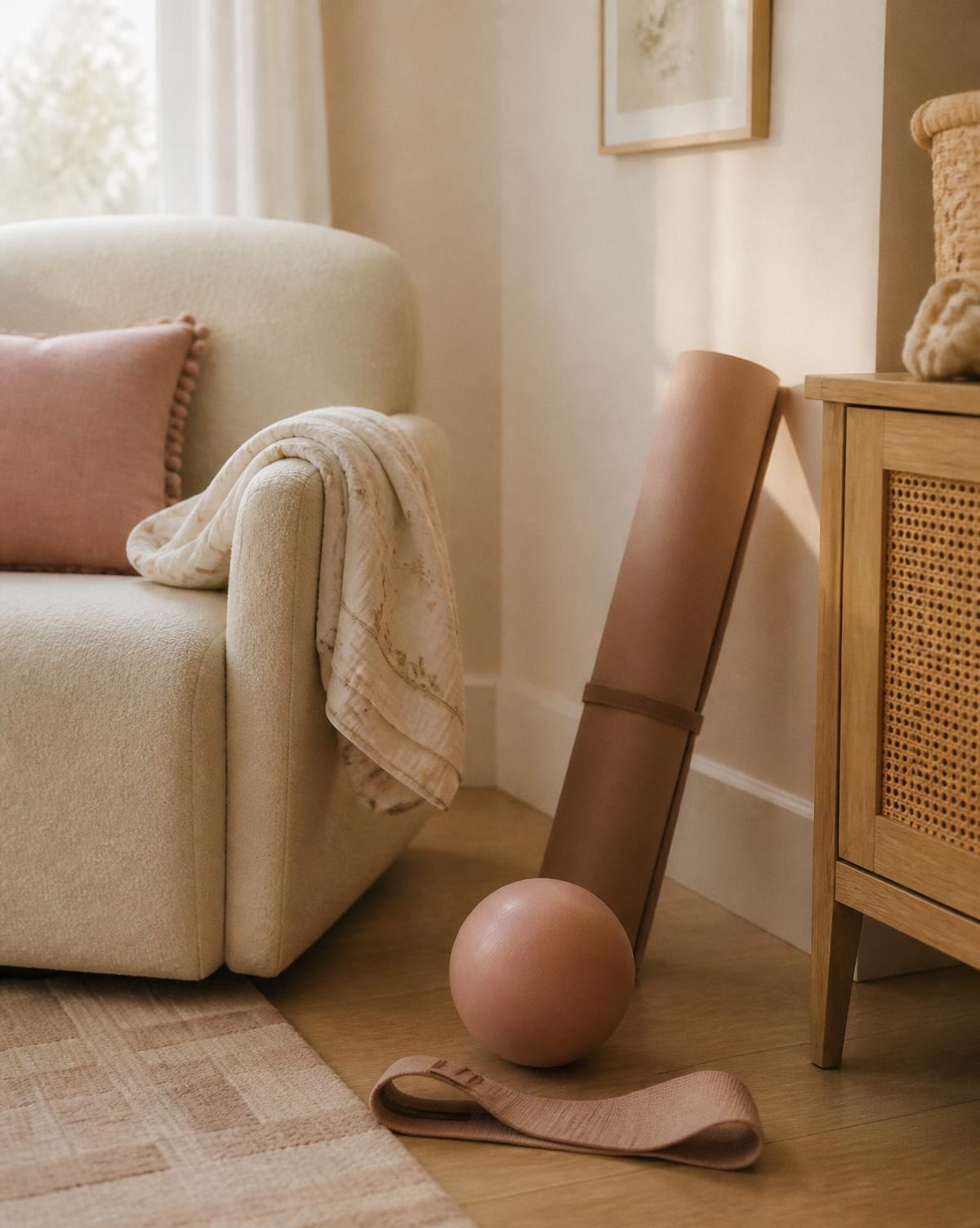 Postpartum recovery corner with mat, pilates ball, and resistance band