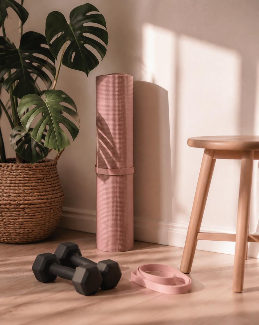 Blush yoga mat, dumbbells and resistance band in a sunlit home movement corner