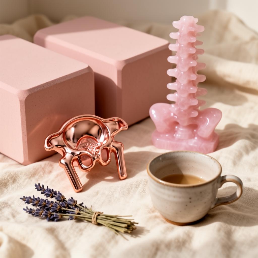 Rose-gold pelvis sculpture, blush yoga blocks and pink spine model